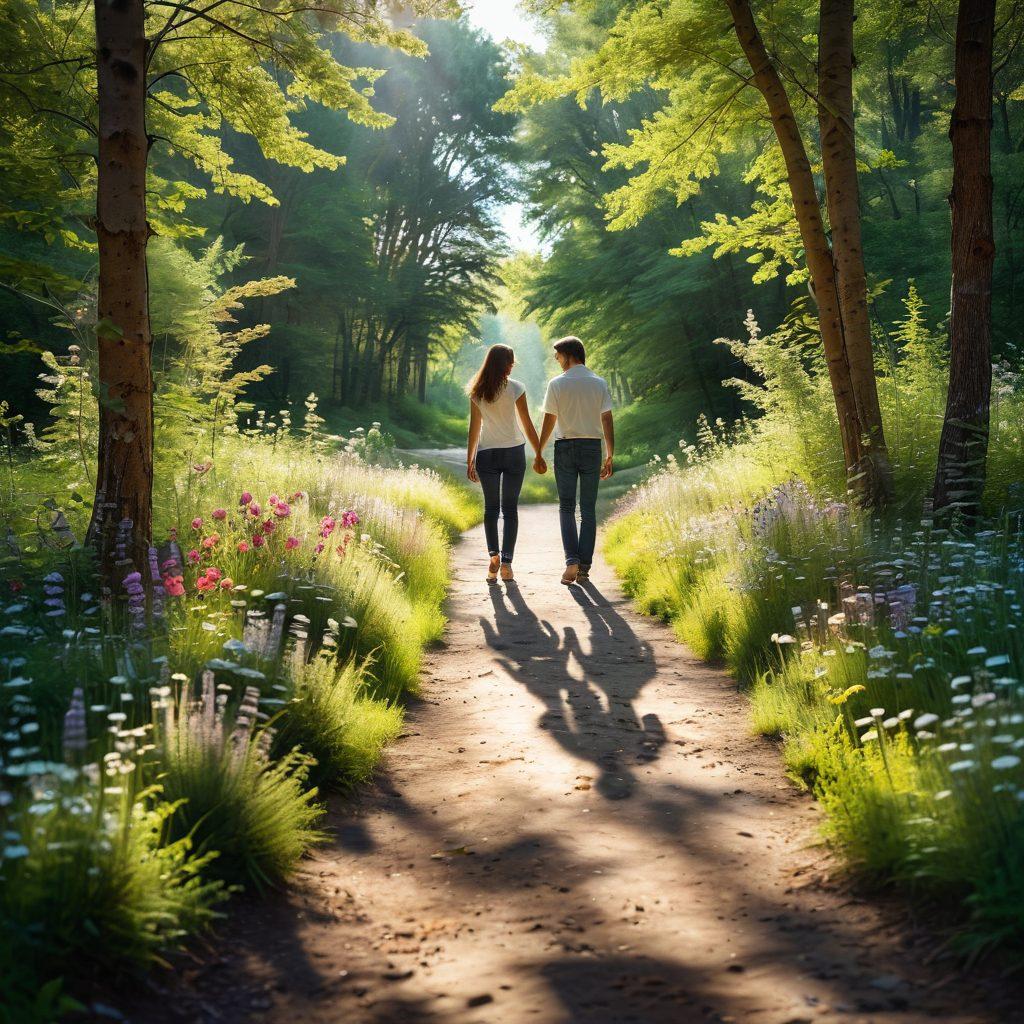 A serene forest pathway dappled with sunlight, where a couple walks hand in hand, surrounded by blooming wildflowers and lush greenery, symbolizing their journey of romance. A subtle heart shape formed by petals in the foreground, capturing the essence of devotion. Gentle forest animals observing the couple, enhancing the feeling of natural love. soft focus. vibrant colors. dreamy atmosphere.