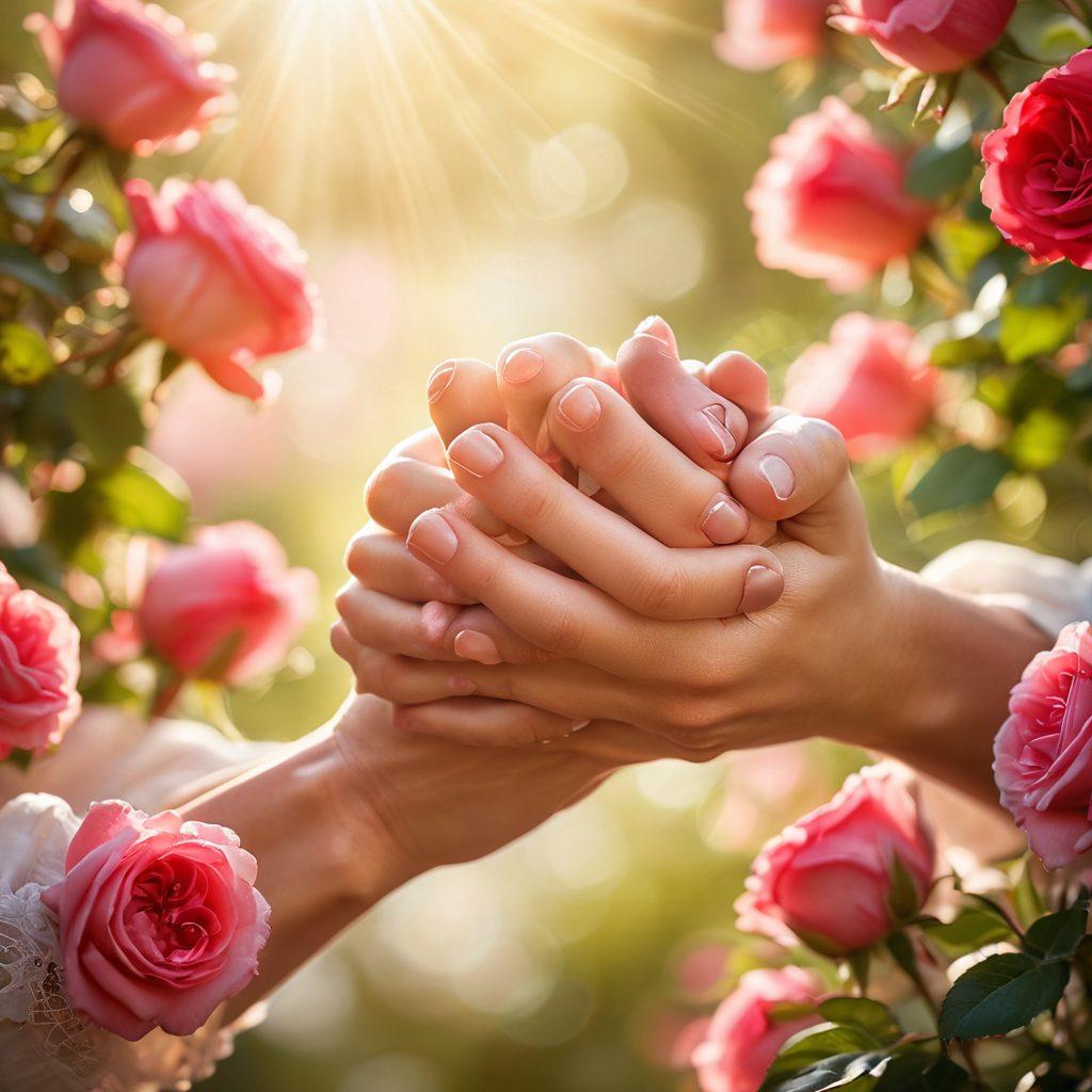 A passionate close-up of two hands intertwined surrounded by blooming roses, symbolizing love and devotion. Soft sunlight filters through the petals, creating an ethereal glow, while hearts subtly emerge in the bokeh background. The image should evoke warmth and connection. vibrant colors. soft focus. romantic atmosphere.