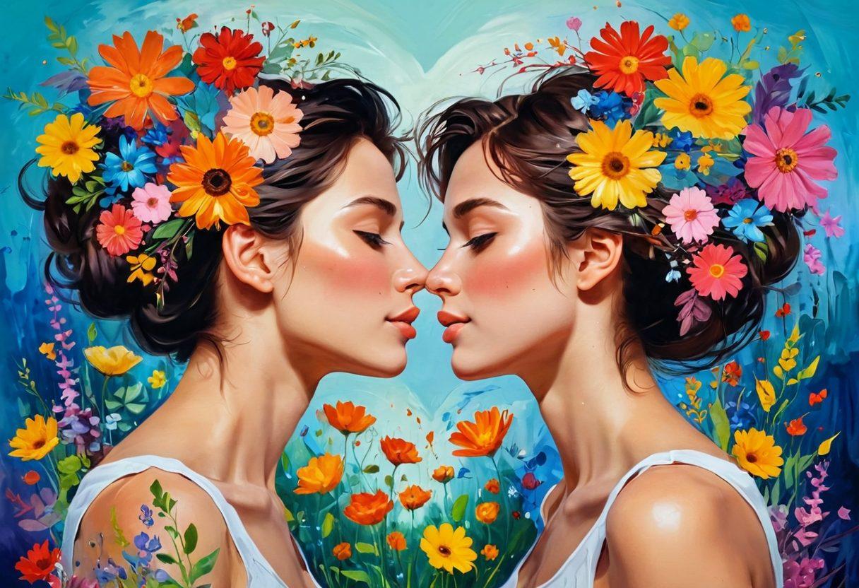 A vibrant representation of two individuals in a spontaneous embrace, surrounded by blooming flowers symbolizing growth in relationships. Capture the essence of joy and affection with abstract heart shapes floating around them, as they gaze into each other’s eyes. The scene should depict a bright, sunny day, invoking warmth and positivity. Colorful brushstrokes should enhance the emotional depth of the moment. impressionist style. vibrant colors.